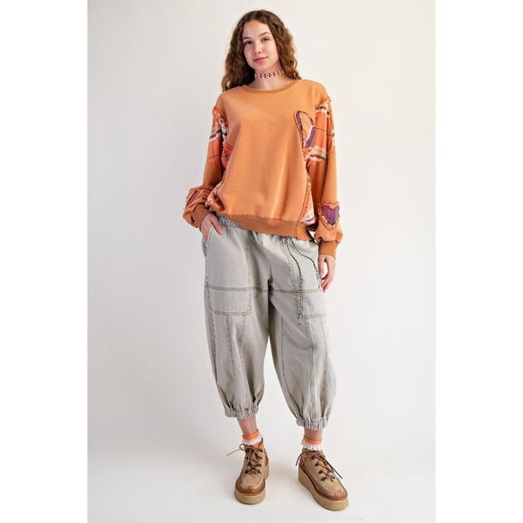 1003 EASEL Medium Heart Plaid Flannel Patch Mineral Washed Pullover Sweatshirt - Picture 5 of 5